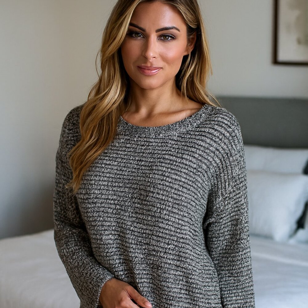 ANA Black/White Tweed Women Petite XL Long Sleeve Cable Knit Tunic Cottagecore
